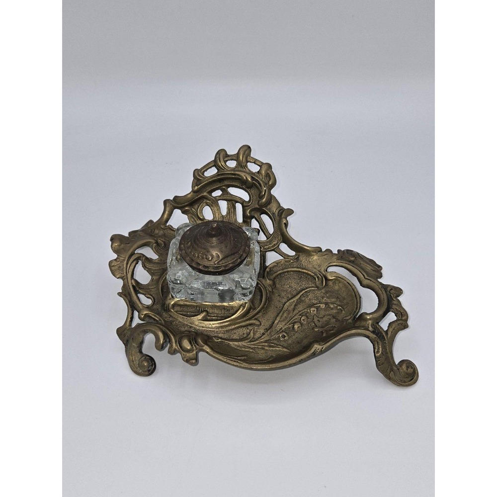 Vintage Brass Art Nouveau Inkwell Stand with Glass Pot and Pen Tray Desk Decor
